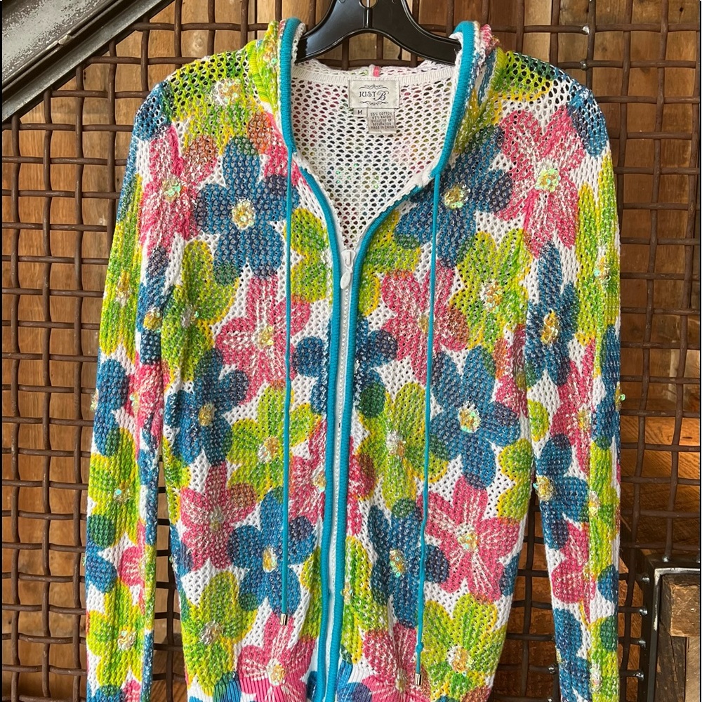 Flowers Shiny Colorful Knit Hoodie Jacket Sweater Womens Medium M Just B Jacket